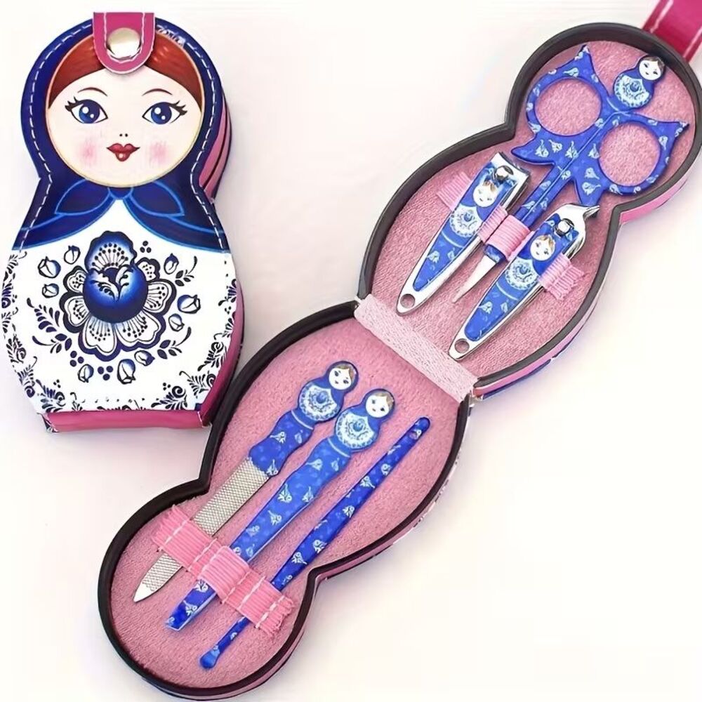 Russian Nesting Doll Blue Manicure Set Clippers Nail File Storage Case 6-pc NEW